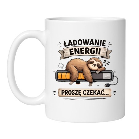 biały kubek biurowy z napisem ładowanie energii proszę czekać
