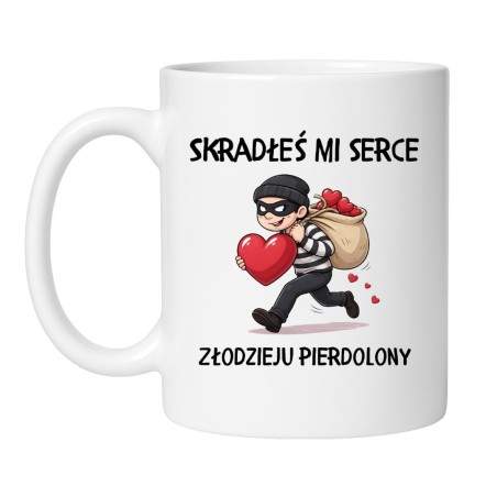 Śmieszny kubek na walentynki dla niego z grafiką złodzieja i sercem