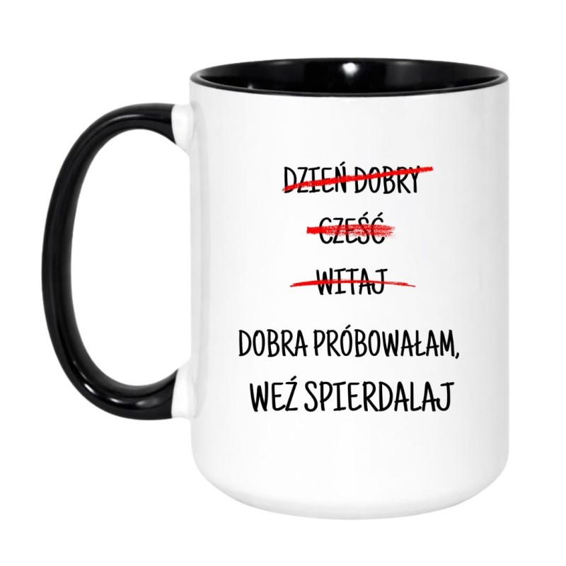 Kubek duży biało-czarny 450 ml z chamskim napisem – śmieszny kubek do pracy