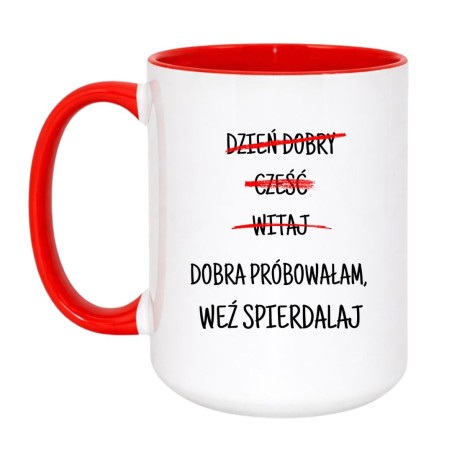 Kubek duży biało-czerwony 450 ml ze śmiesznym chamskim motywem – gadżet biurowy