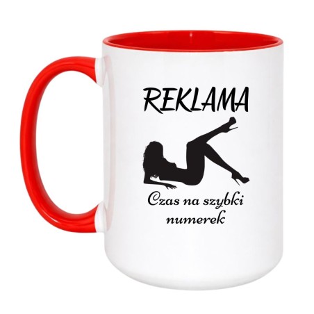 Kubek biało-czerwony 450 ml z napisem „Reklama – czas na szybki numerek”