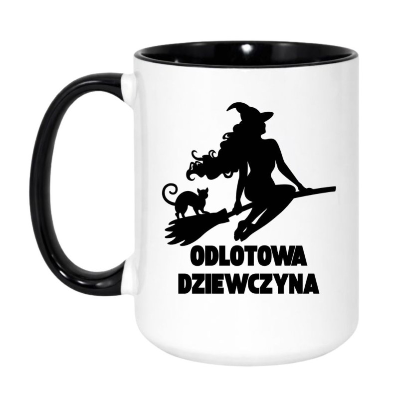 Kubek duży biało-czarny 450 ml z nadrukiem wiedźmy – kubek z humorystyczną grafiką, doskonały gadżet do pracy.