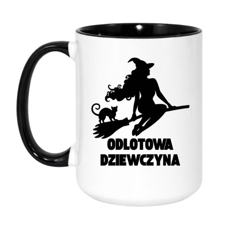 Kubek duży biało-czarny 450 ml z nadrukiem wiedźmy – kubek z humorystyczną grafiką, doskonały gadżet do pracy.