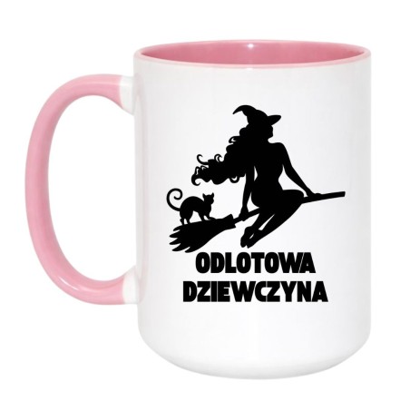 Kubek duży biało-różowy 450 ml z nadrukiem wiedźmy i kota – śmieszny kubek dla dziewczyny, idealny do biura.