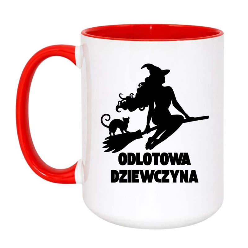 Kubek duży biało-czerwony 450 ml z motywem wiedźmy – kubek z nadrukiem humorystycznym, prezent dla niej.