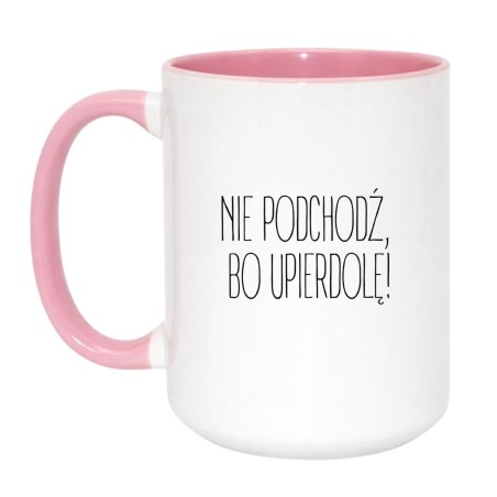 Kubek duży biało-różowy 450 ml z chamskim napisem – śmieszny kubek do pracy.