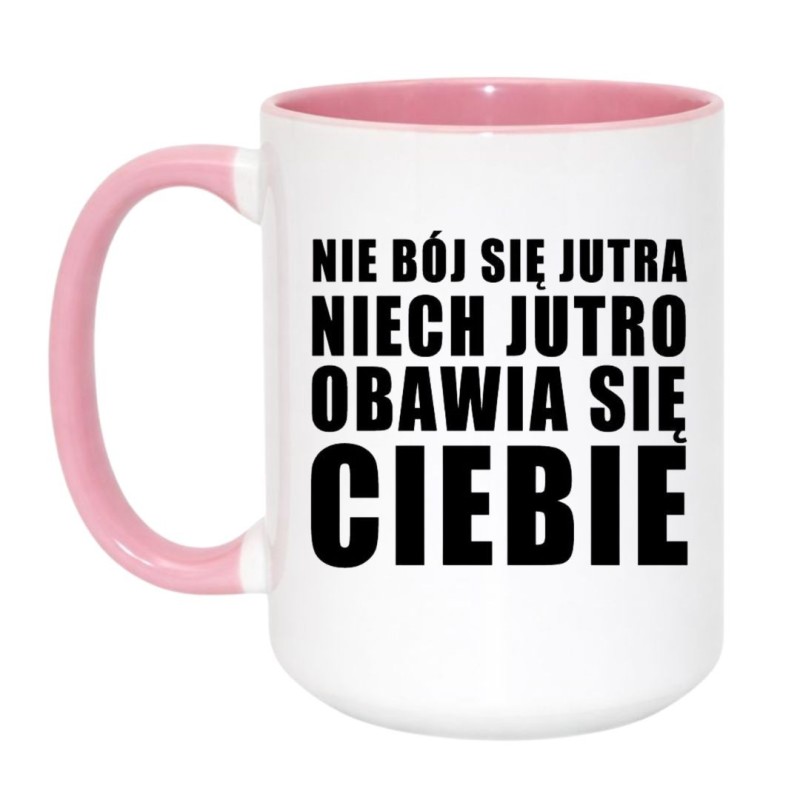 Kubek duży biało-różowy 450 ml z motywacyjnym nadrukiem – świetny gadżet do biura.