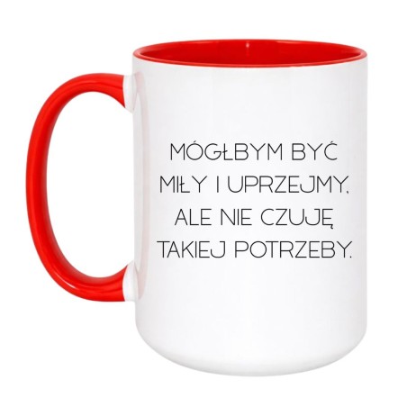 Kubek biało-czerwony 450 ml śmieszny z ironicznym tekstem dla chłopaka lub męża.