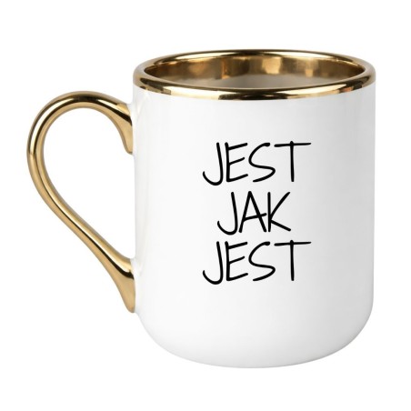 Minimalistyczny kubek z dużym czarnym napisem na białej ceramice