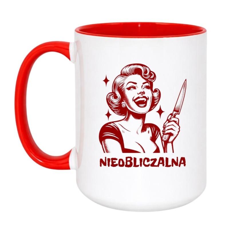 Kubek duży biało-czerwony 450 ml z retro nadrukiem kobiety – śmieszny prezent bez cenzury