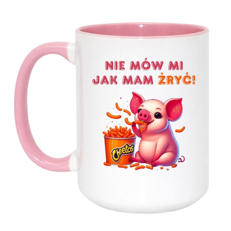 Kubek duży biało-różowy 450 ml ze śmiesznym obrazkiem świnki, śmieszny kubek z nadrukiem