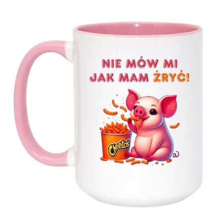 Kubek duży biało-różowy 450 ml ze śmiesznym obrazkiem świnki, śmieszny kubek z nadrukiem