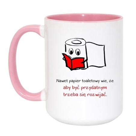Kubek duży biało-różowy 450 ml ze śmiesznym nadrukiem – kubek z obrazkiem papieru toaletowego, do pracy.