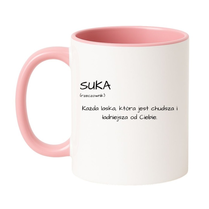 BIAŁO RÓŻOWY KUBEK Z DEFINICJĄ "SUKA"