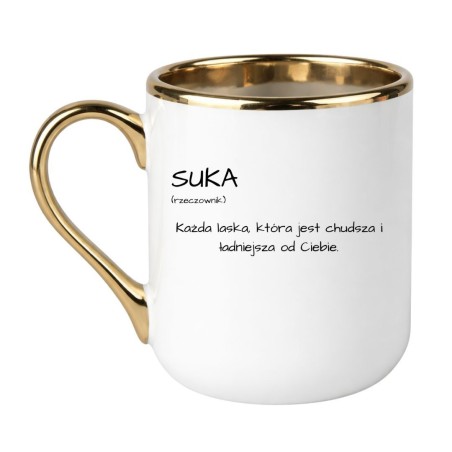 BIAŁO ZŁOTY KUBEK Z DEFINICJĄ "SUKA"