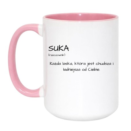 BIAŁO RÓŻOWY KUBEK 450 ML Z DEFINICJĄ "SUKA"