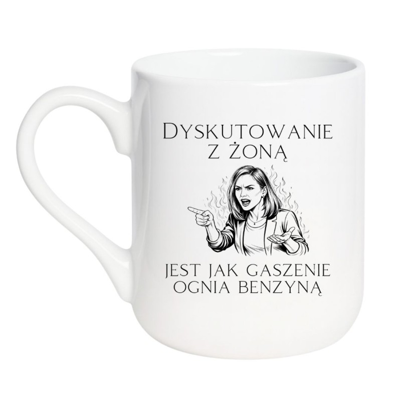 Kubek dla żony z napisem o dyskutowaniu, humorystyczny gadżet do domu