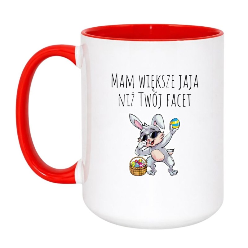 Kubek duży biało-czerwony 450 ml ze śmiesznym motywem królika, świetny gadżet do biura
