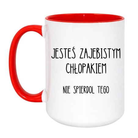 Kubek duży biało-czerwony 450 ml z wulgarnym nadrukiem – chamski prezent dla dorosłych.
