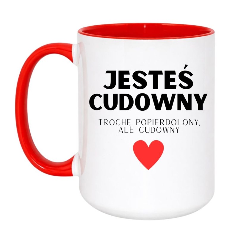 Kubek duży biało-czerwony 450 ml z zabawnym tekstem, must-have dla fanów kawy