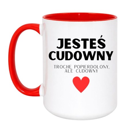 Kubek duży biało-czerwony 450 ml z zabawnym tekstem, must-have dla fanów kawy