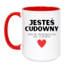 Kubek duży biało-czerwony 450 ml z zabawnym tekstem, must-have dla fanów kawy