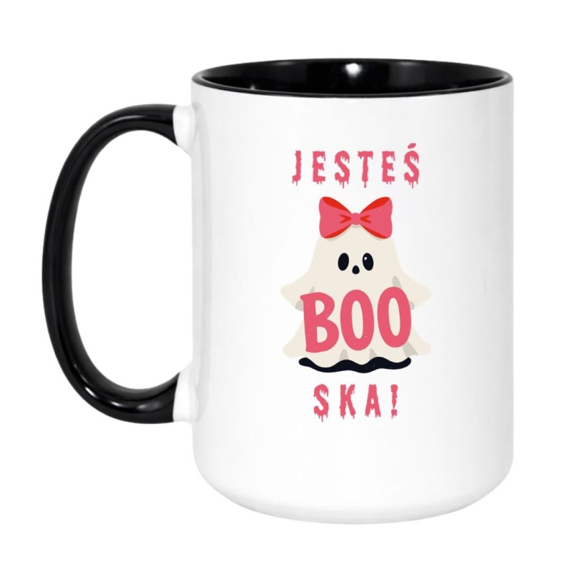 Kubek biało-czarny 450 ml z napisem „Jesteś BOO-ska!” na prezent dla przyjaciółki lub chłopaka.