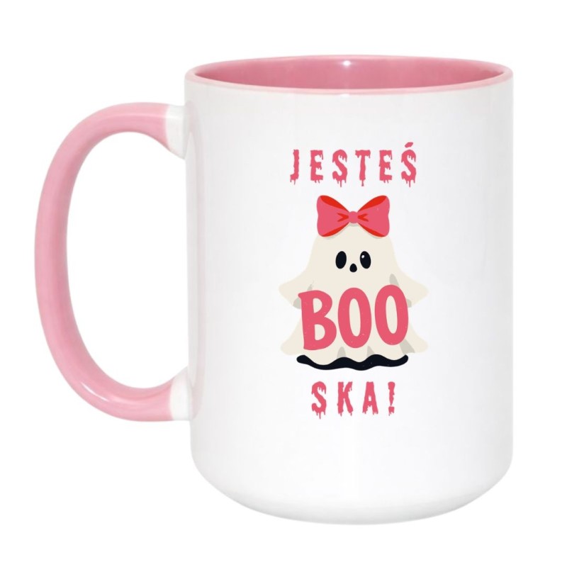 Kubek biało-różowy 450 ml z uroczym duchem i tekstem „Jesteś BOO-ska!” idealny dla ukochanej osoby.