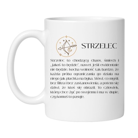 Biały kubek dla Strzelca z astrologicznym symbolem i opisem cech znaku