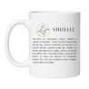 Biały kubek dla Strzelca z astrologicznym symbolem i opisem cech znaku