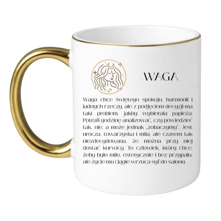 Biały kubek z nadrukiem znaku Waga na prezent dla fana astrologii
