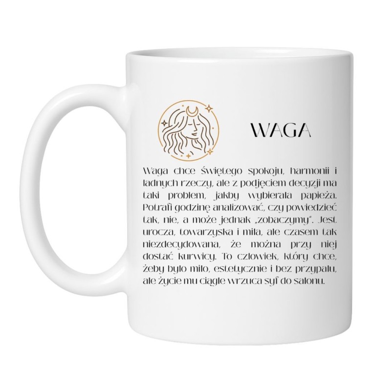 Biały kubek dla Wagi z astrologicznym symbolem i opisem cech znaku