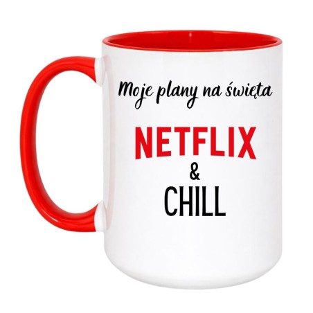 Kubek duży biało-czerwony 450 ml z nadrukiem – śmieszny kubek z motywem Netflixa, idealny do domu.