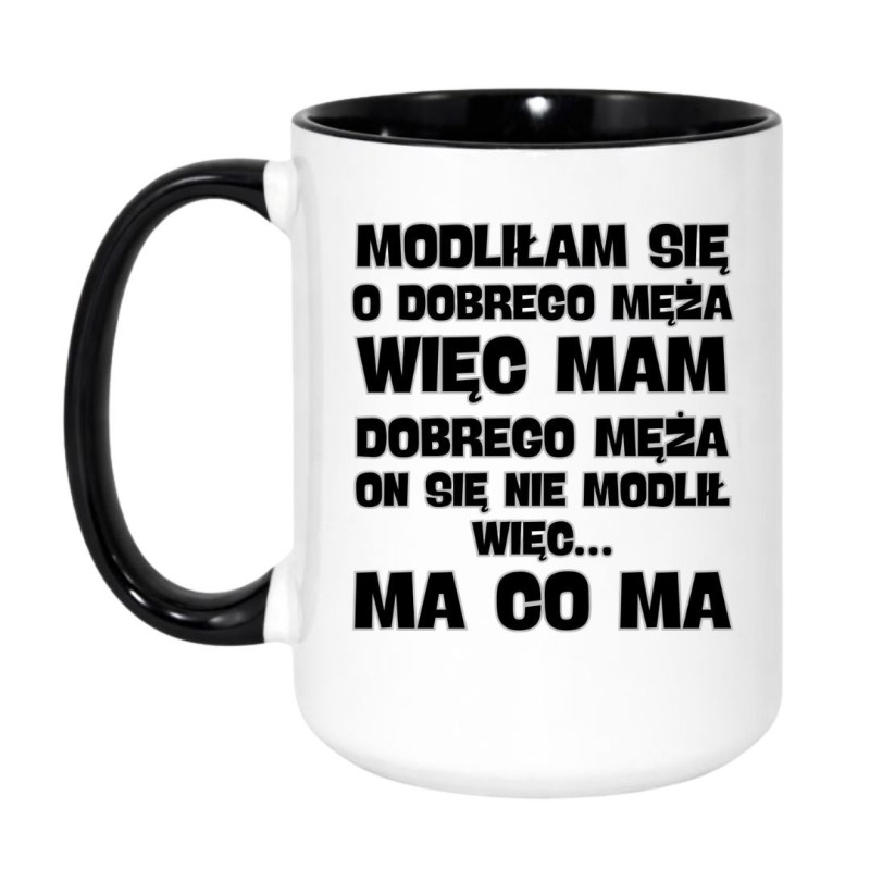 Kubek duży biało-czarny 450 ml z nadrukiem tekstowym – pojemny kubek do kawy i herbaty, świetny gadżet do pracy.