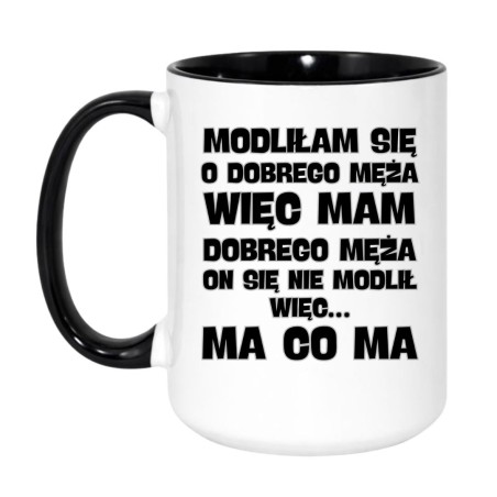 Kubek duży biało-czarny 450 ml z nadrukiem tekstowym – pojemny kubek do kawy i herbaty, świetny gadżet do pracy.