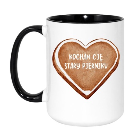 Kubek biało-czarny 450 ml z nadrukiem „Kocham Cię stary pierniku” idealny dla narzeczonego lub męża.