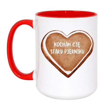 Kubek biało-czerwony 450 ml z tekstem „Kocham Cię stary pierniku” na romantyczny prezent dla niego.