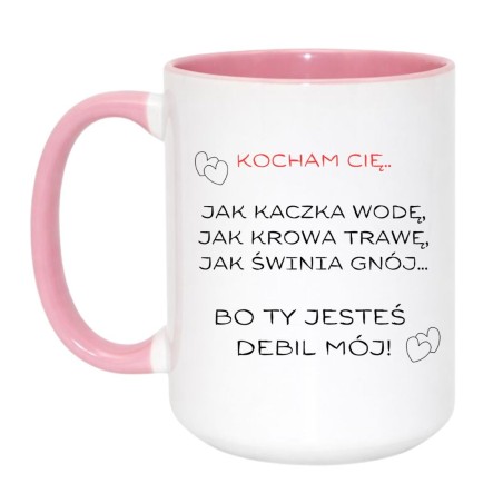 Kubek duży biało-różowy 450 ml ze śmiesznym motywem – humorystyczny prezent dla pary.