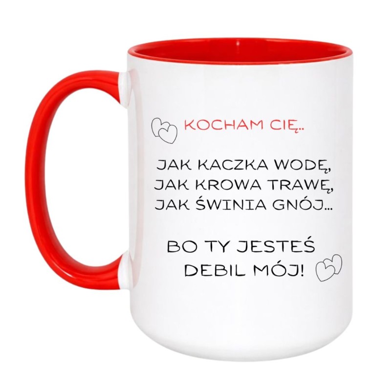 Kubek duży biało-czerwony 450 ml z chamskim napisem – śmieszny kubek do biura lub domu.