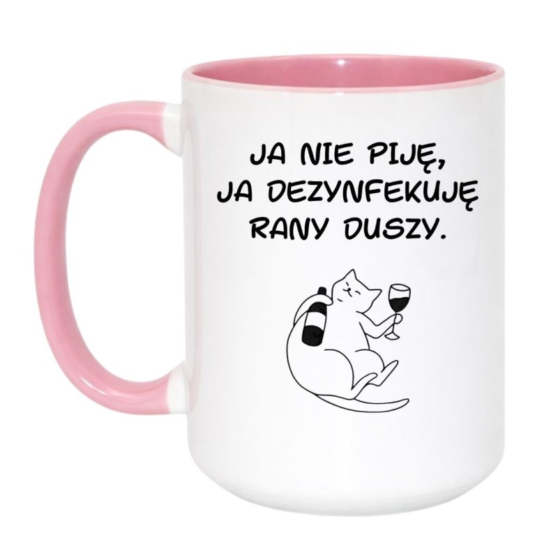 Kubek duży biało-różowy 450 ml z motywem kota i winem – doskonały gadżet dla kawosza