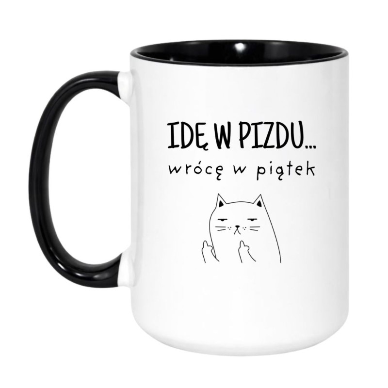 Kubek duży biało-czarny 450 ml z wulgarnym nadrukiem kota i śmiesznym motywem, prezent dla kawoszy