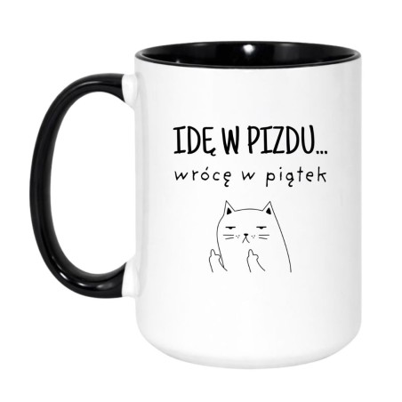 Kubek duży biało-czarny 450 ml z wulgarnym nadrukiem kota i śmiesznym motywem, prezent dla kawoszy