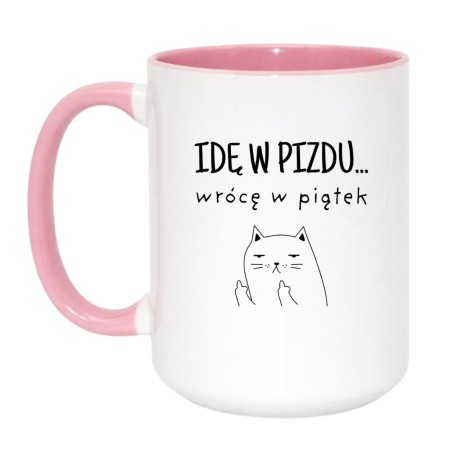 Kubek duży biało-różowy 450 ml ze śmieszną ilustracją i nadrukiem bez cenzury, doskonały gadżet do biura