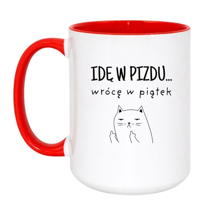 Kubek duży biało-czerwony 450 ml z chamskim motywem kota, śmieszny kubek z nadrukiem