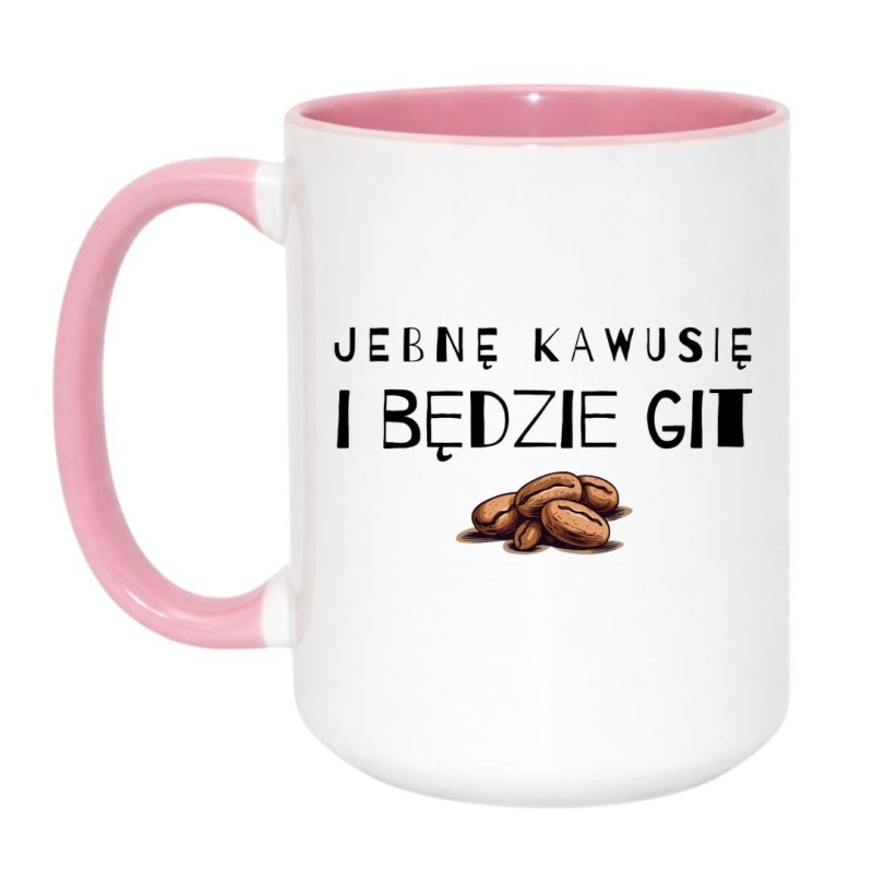 Kubek duży biało-różowy 450 ml z humorystycznym wzorem kawowym, doskonały gadżet do pracy