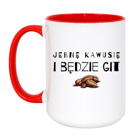 Kubek duży biało-czerwony 450 ml z zabawną ilustracją ziaren i chamskim napisem, śmieszny kubek na prezent