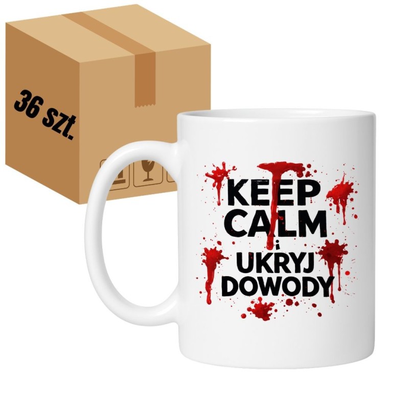 Hurtownia kubków karton 36 sztuk x Kubek z czarnym humorem KEEP CALM I UKRYJ DOWODY