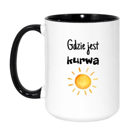 Kubek duży biało-czarny 450 ml z nadrukiem bez cenzury i rysunkiem słońca, dla biura