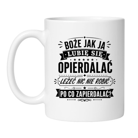 kubek z ironicznym napisem o lenistwie i pracy