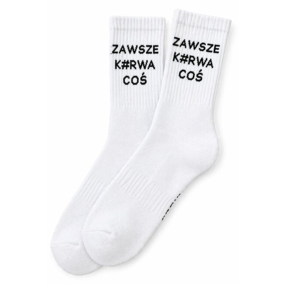 białe śmieszne skarpetki z napisem zawsze kurwa coś prezent humorystyczny